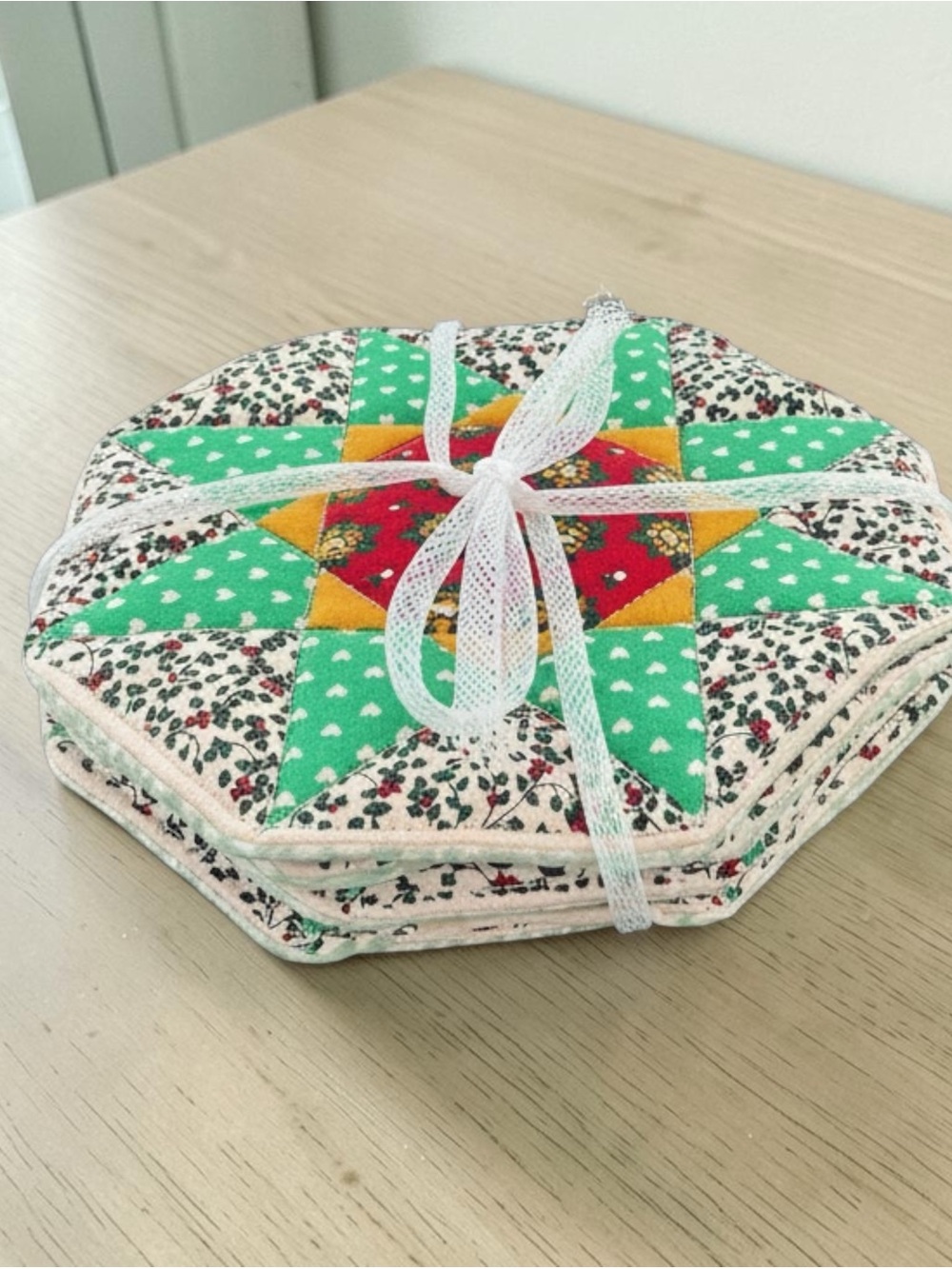 Quilted Star Patchwork Coaster Set - Green Multi
